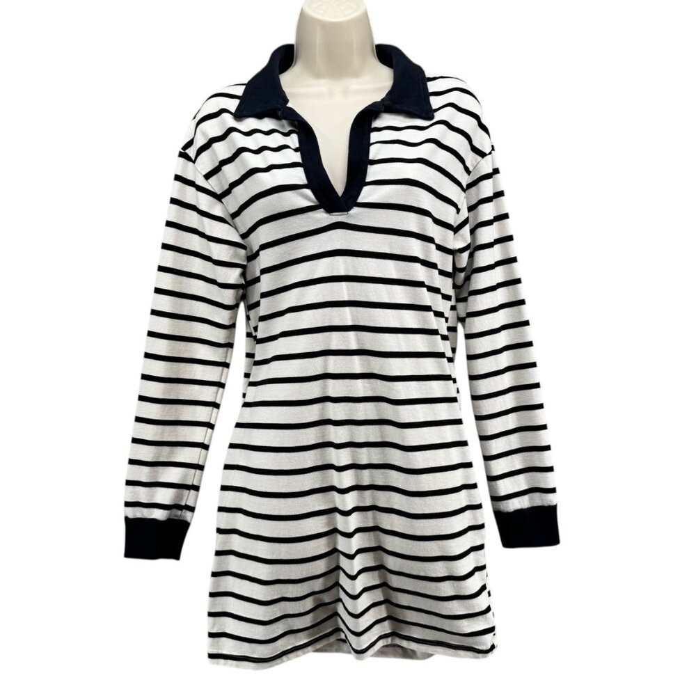 Monrow Stripe Relaxed Polo Dress White Black Long Sleeve Cotton Knit Mini Size S